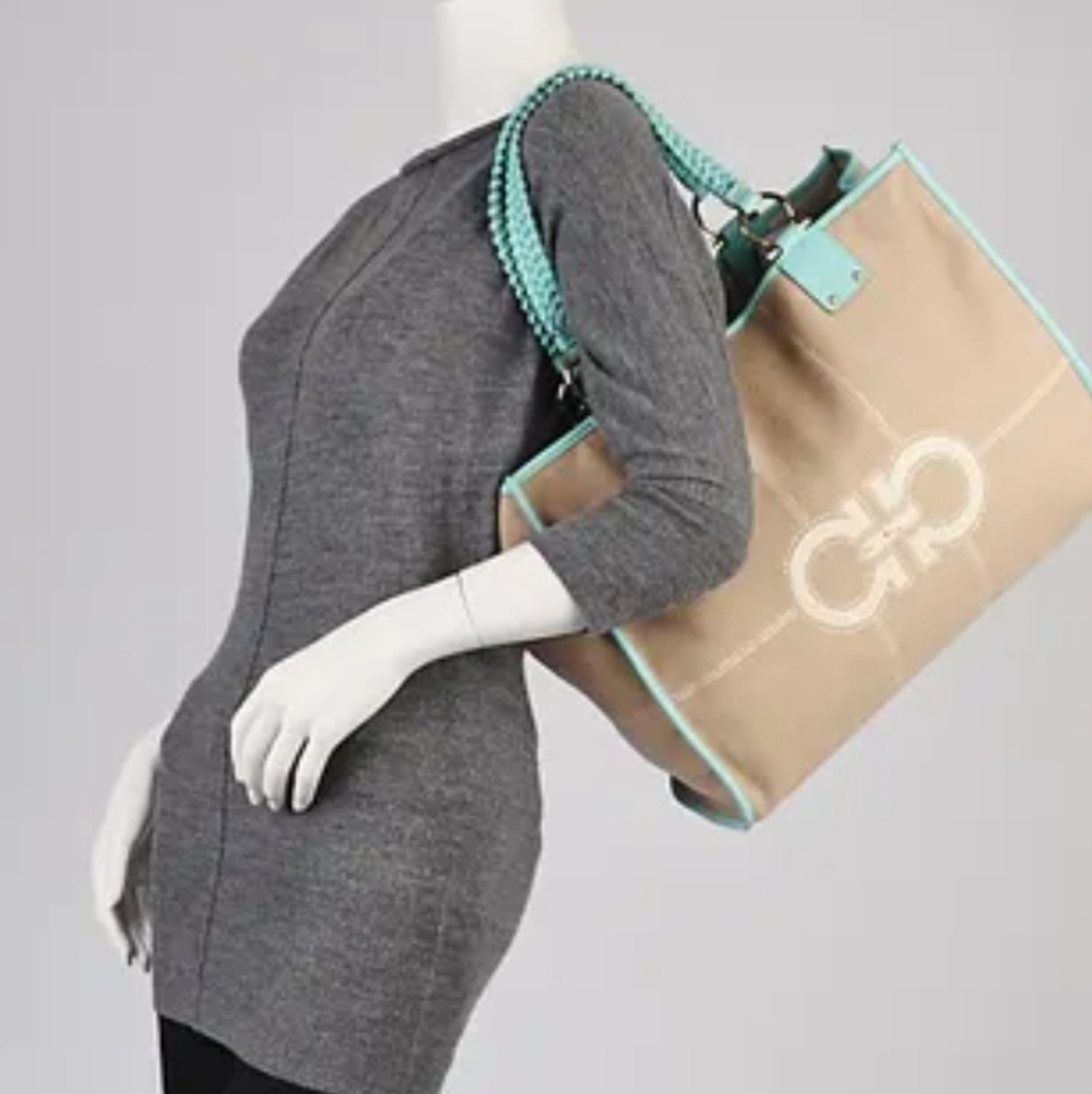 Salvatore Ferragamo Chic Designer Beige and Ligth Blue Tote Bag